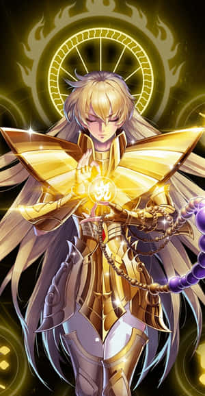 身穿金色盔甲的動漫戰士，背後有光環，引導發光的魔法能量。 — 處女座 壁紙