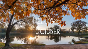 秋樹枝條框住湖泊，倒映日出，並帶有 'Hello October' 文字。 — 秋天 壁紙