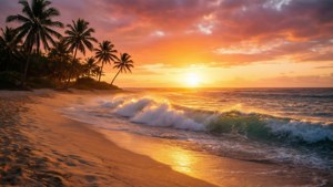 熱帶海灘上的夕陽，有棕櫚樹和拍岸的海浪