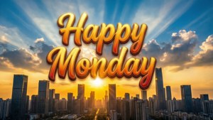 金色嘅「Happy Monday」文字喺日落城市天際線同陽光之上。