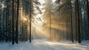 陽光穿過白雪覆蓋的松樹，照射在寂靜的冬季森林中。