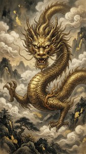 一隻帶有精細鱗片和飄逸鬃毛的金龍，在霧氣繚繞的山脈和松樹上方飛行。