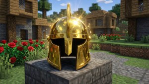 Minecraft村莊石基座上的金色頭盔，有紅玫瑰和木屋
