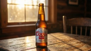 冰凍Coors Banquet啤酒瓶在木桌上，陽光從窗戶射入
