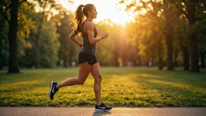 一名女子在黃金時段於草地公園的鋪砌小徑上慢跑。
