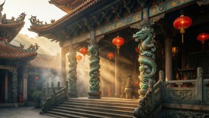 電影感香港寺廟沐浴在金色陽光中，霧氣繚繞，燈籠點點。