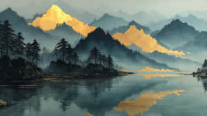 寧靜的山景，金色山峰倒映在平靜的水面上，四周環繞著松樹。