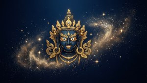 藍色神祇戴著金色王冠和珠寶，在宇宙星空之中。