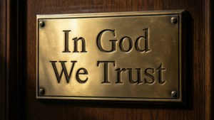 黃銅牌匾上寫着 'In God We Trust'，安裝在木門上。