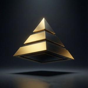 一個漂浮的金色金字塔，帶有拉絲金屬層，在深色表面上投射出柔和的陰影。