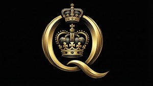 金色字母Q，帶有皇冠和圓形設計，黑色背景。