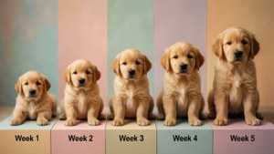 五隻金毛尋回犬幼犬擺放在柔和色塊上，顯示它們從第一週到第五週的成長。