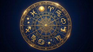 金色黃道輪帶有占星符號，背景為深藍色星空