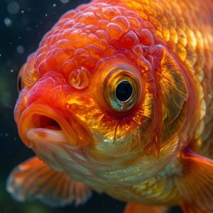 水中橙色金魚的特寫，帶有詳細的鱗片和一隻大眼睛。