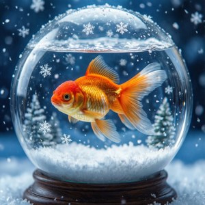 一條金魚在一個帶有雪花和小松樹的雪球內游動。