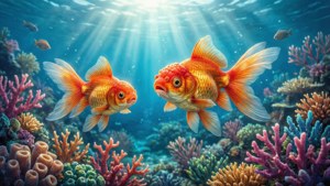 兩條金魚在陽光照耀的海水中靠近色彩繽紛的珊瑚游泳
