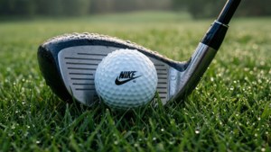Nike高爾夫球在濕草上，旁邊有高爾夫球桿和露珠