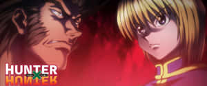 兩個動漫角色在紅色背景前緊張對峙，並帶有 Hunter x Hunter 標誌。 — 獵人 壁紙
