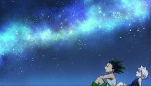 兩個動漫角色坐著仰望帶有發光宇宙雲的星空。