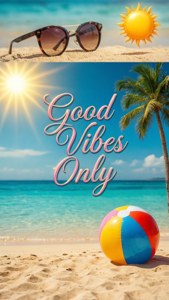 太陽眼鏡和太陽圖標在沙上，上方是海灘，有棕櫚樹、彩色球和Good Vibes Only文字