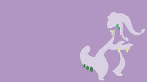在紫色背景上，一個帶有綠色細節的風格化跳舞生物。