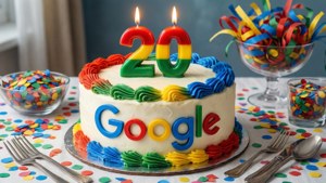 Google 20歲生日蛋糕，有蠟燭和五彩紙屑，放在有叉子的桌子上。