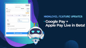 一個友善的機械人吉祥物在數碼支付屏幕上宣佈 Google Pay 和 Apple Pay 的測試版更新。