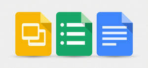 黃色、綠色和藍色的 Google Slides、Sheets 和 Docs 應用程式圖示