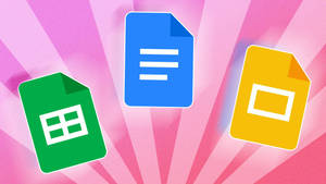 粉紅色背景上的 Google Sheets、Docs 和 Slides 應用程式圖示
