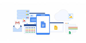 Google Workspace 應用程式圖示漂浮在智能手機和雲端周圍。
