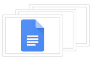 一堆數位文件，頂部有藍色 Google Docs 圖示。