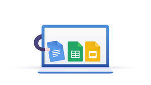 手從筆記型電腦屏幕中拉出 Google Docs Sheets 和 Slides 圖標。 — 美學筆電 壁紙