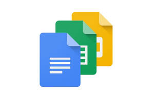 三個藍色、綠色和黃色的Google Docs圖示，帶有紙張角落摺痕。