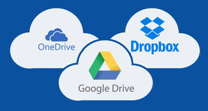 三個雲朵圖標，帶有 OneDrive、Dropbox 和 Google Drive 標誌，在藍色背景上。