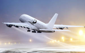 白色空中巴士A380飛機在日落時分從跑道起飛。