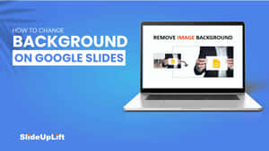 手提電腦螢幕顯示如何在 Google Slides 中移除圖片背景，帶有藍色漸變背景。