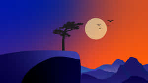 一棵孤樹在懸崖上，夕陽西下，鳥兒在發光的月亮附近飛翔。