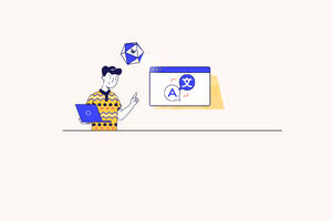 人物在筆記型電腦上使用翻譯應用程式，附近有語言符號浮動。