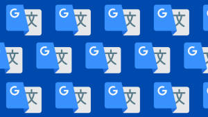 Google 翻譯應用程式圖示以重複圖案排列在藍色背景上。