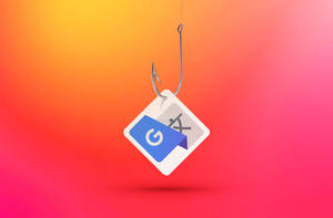魚鉤在色彩繽紛的漸變背景上抓住一個Google Play Store應用程式圖示。