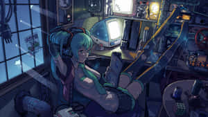 動漫女孩在雜亂的復古遊戲室中休息，周圍有復古電腦和發光的屏幕。