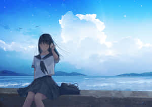 動漫女孩穿水手服坐在海邊星空下 — 可愛動漫女仔 壁紙