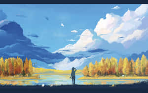 一個人站在湖邊，周圍是秋天的樹木和山脈，藍天白雲。 — 動漫女孩 壁紙