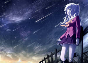 穿著紫色校服的動漫女孩在夜晚觀看流星。 — 動漫女孩 壁紙