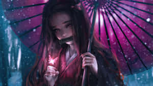 動漫女孩穿紅色和服，在雪森林中紫色傘下拿著發光蝴蝶。