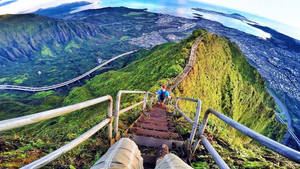遠足者在山脊上登上陡峭的金屬樓梯，俯瞰海濱城市和橋樑。 — 相機 壁紙