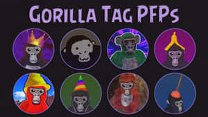 八隻卡通大猩猩戴著帽子，用於Gorilla Tag的圓形個人資料圖片。