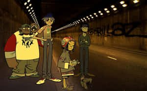 四個動畫化的Gorillaz角色在一個佈滿塗鴉的隧道中。