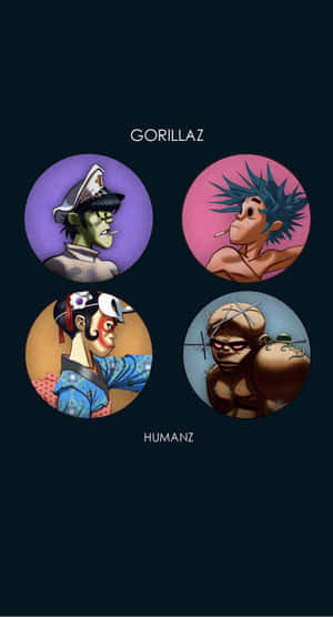 四個插圖風格的Gorillaz樂隊成員在圓形肖像中，帶有「GORILLAZ」和「HUMANZ」文字。