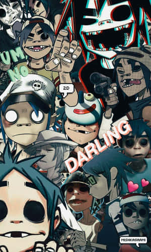 Gorillaz 樂團成員在色彩繽紛的故障動漫風格拼貼中。